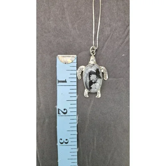 Vintage Turtle Pendant Necklace Snowflake Obsidian Stone Chain Sterling Silver - Picture 10 of 12